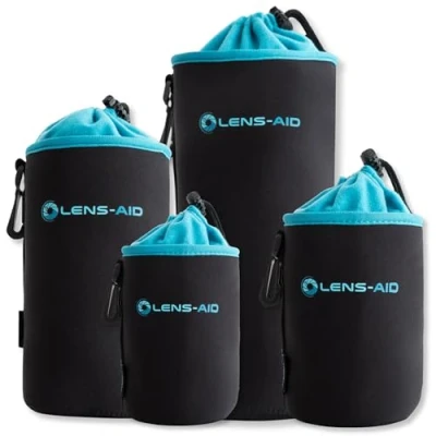 Abbildung von LENS AID Neopren Objektivbeutel mit Fleece Fütterung als Set oder einzeln Objektivtasche BZW. Köcher Schutz für Objektiv, Blitz, Monitor, Kamera Zubehör 4er (S,M,L,XL)
