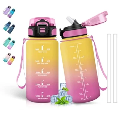 Abbildung von Trinkflasche Kinder, 500ml Trinkflasche, mit Strohhalm, Kann Dir Tragen, Auslaufsicher, Mädchen, Zeitmarkierung, für Schule, Running, Camping, Gelb Rosa