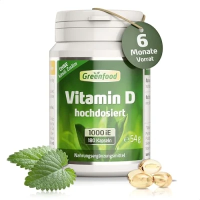 Abbildung von Greenfood Vitamin D3, 1000 iE, hochdosiert, 180 Kapseln gut für Knochen, Zähne und Immunsystem. Ohne künstliche Zusätze. Gentechnik.