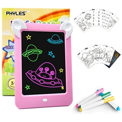 Abbildung von PHYLES Magic Drawing Pad, LED Zaubertafel Kinder 3 12 Jahre, enthält 19 Maltafel Pad (Buchstaben, Zahlen, Muster), 4 Zeichenstifte, 1 Reinigungstuch,Das perfekte Lernspielzeug (Rosa)