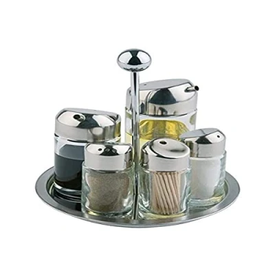 Abbildung von APS Menage, Essig und Öl Set, Tischgestell für Salz, Pfeffer, Essig, Öl, Zahnstocher, drehbares Gestell, Glasbehälter mit Edelstahl Deckel Drehverschluss, 16 x cm, 20 cm Höhe