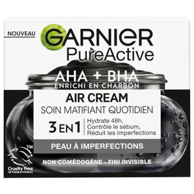Abbildung von Garnier Pure Active Air Cream Mattierende tägliche Pflege angereichert mit AHA + BHA &amp; Kohle spendet 48 Stunden Feuchtigkeit 12 Mattierung* für Mischhaut bis fettige Haut
