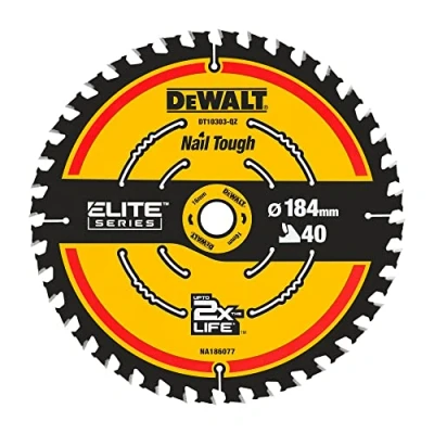 Abbildung von Dewalt Elite Kreissägeblatt DT10303 (Sägeblatt ø 184/16 mm, Schnittbreite: 1,65 40 Zähne, Zahngeometrie: WZ, Zahnwinkel: 18, ultra scharfe Hartmetall mit Nail Tough, für feine Schnitte)