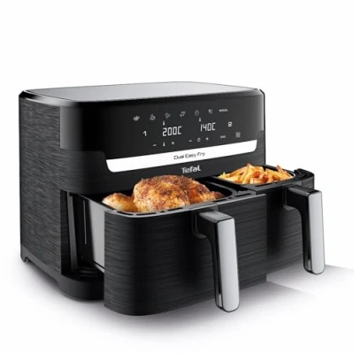 Abbildung von Tefal EY9018 Dual Easy Fry Doppelkammer Heißluftfritteuse 5,2/3,1 L Fassungsvermögen zwei unabhängige Schubladen 7 automatische Programme energiesparend Schwarz