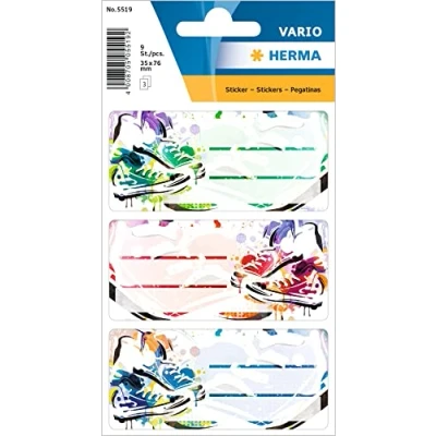 Abbildung von HERMA 5519 Buchetiketten zum Beschriften, Chucks (76 x 35 mm, 9 Namensaufkleber, Papier, matt) selbstklebend, permanent haftende Schuletiketten für Bücher, Hefte, Boxen, Haushalt, bunt