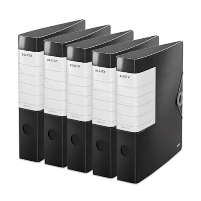 Abbildung von Leitz Qualitäts Ordner 180 Solid, 5er Pack, A4, Schmal, Schwarz, 6,2 cm Rückenbreite, Gummibandverschluss, Robustes Polyfoam, extra breites, austauschbares Rückenschild, 11130095