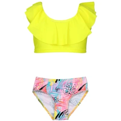 Abbildung von Aquarti Mädchen Bikini Set Bustier Bikinislip Zweiteiliger Badeanzug, Farbe: 037 Rüsche Bikinis Rose Gelb Blätter, Größe: 128