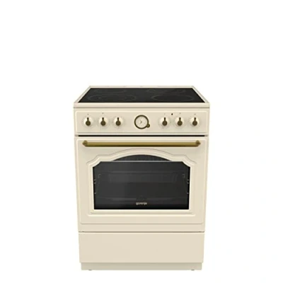 Abbildung von Gorenje Classico GECS 6 B70CLI Elektrostandherd mit Glaskeramik Kochfeld/Retro Design / 60cm 71 Liter/Gentle Close/Schnellaufheizung/AirFry/ExtraSteam/Pizzamodus/AquaClean/champagne, Elfenbein