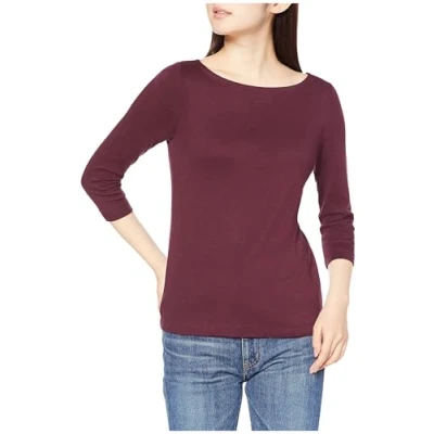 Abbildung von Amazon Essentials Damen Einfarbiges T Shirt mit U Boot Ausschnitt und 3/4 Ärmeln in schmaler Passform, Burgunderrot, XS