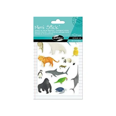 Abbildung von Maildor AE021O Packung mit 62 Stickers Mini Stick (ideal für Kinder ab 5 Jahren, 4 Blätter in Format DIN A6, 10,5x 14,8 cm, bedrohte Tiere)