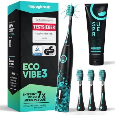 Abbildung von happybrush [Testsieger*] Elektrische Zahnbürste ECO VIBE 3 Starterset Schwarz/Mint Schallzahnbürste mit 6 Wochen Power Akku inkl. Aufsteckbürsten und Aktivkohle Zahnpasta