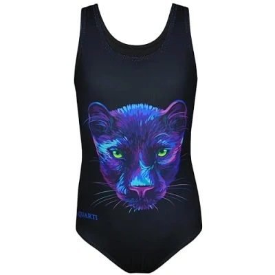 Abbildung von Aquarti Mädchen Badeanzug mit Ringerrücken Print, Farbe: Panther/Schwarz, Größe: 140