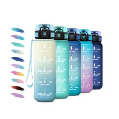 Abbildung von Trinkflasche 1L, Wasserflasche Sport mit Filte, Einhandöffnung, Auslaufsicher, Kohlensäure Geeignet, Motivierende Zeitmarkierung, Sportflasche Perfekt für Camping, Fahrrad, Büro