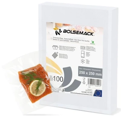 Abbildung von BOLSEMACK Vakuumierbeutel 25x25cm Vakuumbeutel 100 Stück für alle Vakuumierer &amp; lebensmittel Vakuumiergerät Vacuum bags sehr stark reißfest BPA frei