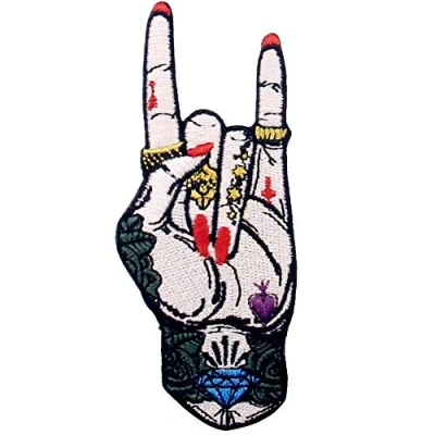 Abbildung von Aufnäher, bestickt, Design: Rock&#039;n&#039;Roll, Tattoo Hand Symbol Finger Zeichen, zum Aufbügeln oder Aufnähen