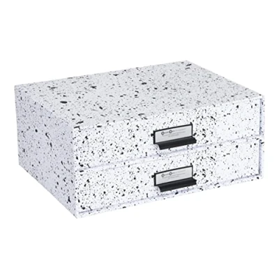 Abbildung von Bigso Box of Sweden BIRGER Schubladenbox für Dokumente und Bürobedarf Schreibtisch Organizer mit 2 Schubladen Ablagesystem aus Faserplatte Papier schwarz gesprenkelt