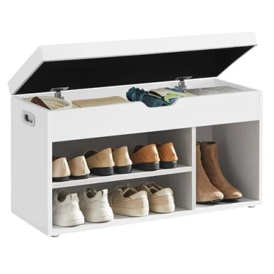 Abbildung von VASAGLE Schuhbank mit Sitzfläche, Sitzbank Stauraum, gepolstert, 3 offene Fächer, Fach unter Sitzkissen, Schuhregal für Wohnzimmer, Flur, bis 136 kg belastbar, wolkenweiß LHS30W