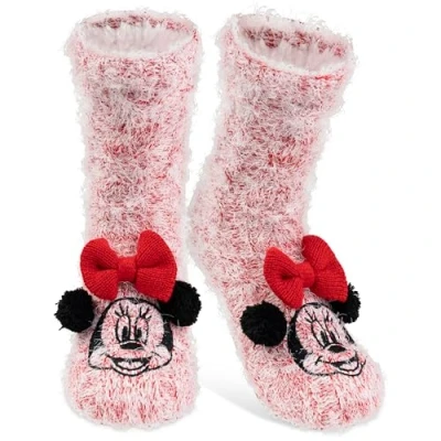 Abbildung von Disney Minnie Mouse Hüttensocken Haussocken mit Schleife und Sherpa Futter für Damen Kuschelsocken Flauschige Wintersocken warme Frauen Socken OneSize Rot