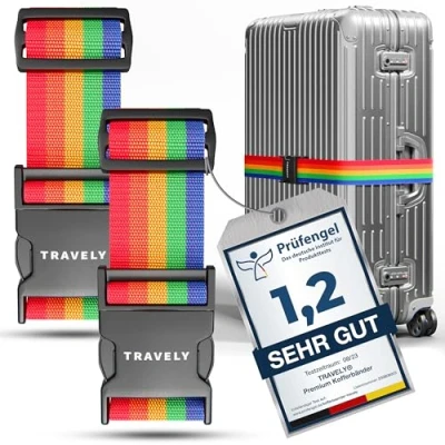 Abbildung von Travely® Premium Koffergurt Besonders Auffällig &amp; Sicher Inkl. 2 Namensschildern Kofferband ideal über Kreuz [2er Set] Bunt
