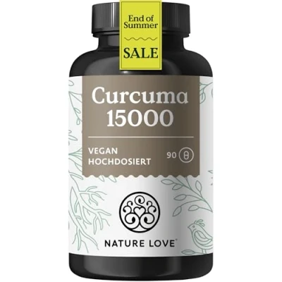 Abbildung von NATURE LOVE® Curcuma Extrakt 15000mg 90 Kurkuma Kapseln hochdosiert 95% Curcumin pro Kapsel mit schwarzem Pfeffer vegan, laborgeprüft &amp; in Deutschland produziert