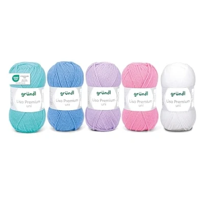 Abbildung von Gründl Wolle Lisa Premium uni, Garn zum Stricken und Häkeln aus 100% Polaycryl, 50 g / 133 m, 5 x Knäuel, Strickset/Häkelset, Pastell Mix