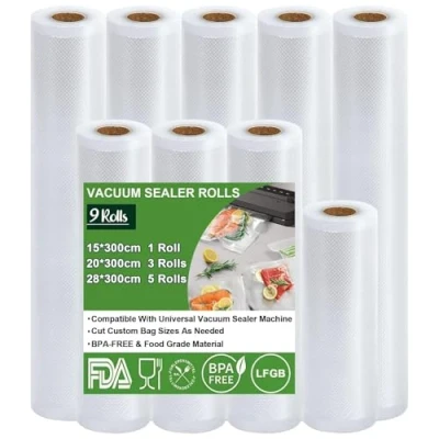 Abbildung von Omtofo Vakuumierbeutel 9 Rollen Vakuumierfolie, Vakuumbeutel Lebensmittel 28/20/15 x 300cm, BPA frei, reißfest, 150µm, Vakumierfolienrolle für alle Vakuumierer, Mikrowellen and Sous Vide