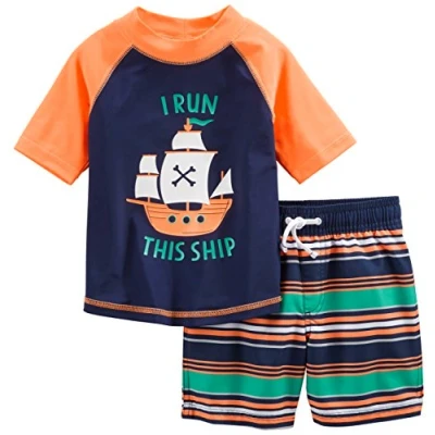 Abbildung von Simple Joys by Carter&#039;s Baby Jungen Swimsuit Trunk and Rashguard Rash Guard Set, Marineblau Orange Schiffe/Weiß Streifen, 4 Jahre