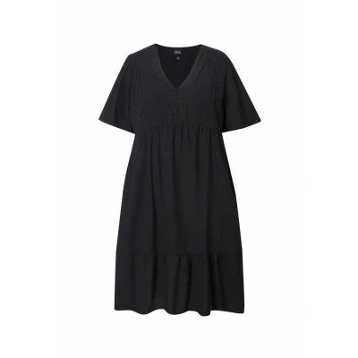 Abbildung von Ulla Popken Seersucker Short Sleeve Vneck MIDI Freizeitkleid, Damen, Größe: 46/48, Black