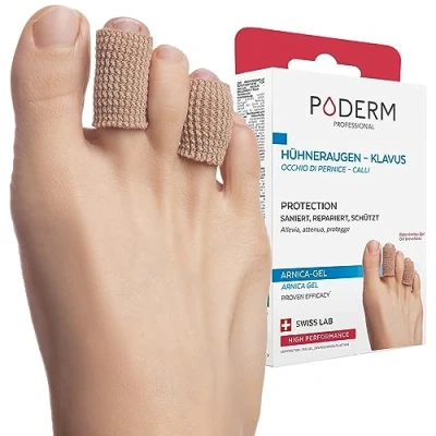 Abbildung von PODERM ZEHENSCHUTZ HÜHNERAUGE/CALLUS GEL ARNIKA PATENTIERT Lindert sofort den Schmerz Verhindert Hornhautbildung 100% natürliche Wirkstoffe Nachgewiesene Wirksamkeit Swiss Lab