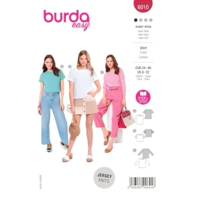 Abbildung von Burda Style Katalog Schnittmuster T Shirts in verschiedenen Längen Damen, Gr. 34 48 Nählevel: Sehr leicht #6010