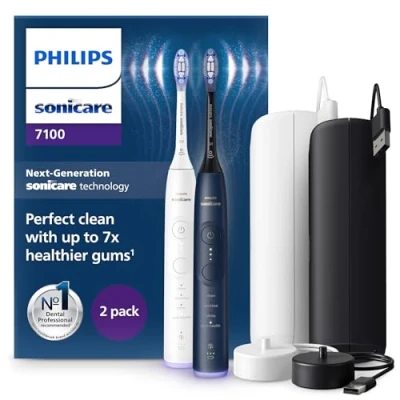 Abbildung von Philips Sonicare 7100 elektrische Zahnbürste, Schallzahnbürste mit App, 4 Putzmodi und 3 Intensitätsstufen, Andruckkontrolle, EasyStart, SmarTimer, Weiß Marineblau, Zweierpack, HX7429/01