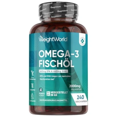 Abbildung von Omega 3 Kapseln 2000mg Fischöl mit 1100mg 3, 660mg EPA &amp; 440mg DHA pro Tag Laborgeprüft 240 Softgels Fettsäuren für Herz, Gehirn Blutdruck Nachhaltig ohne Zusätze WeightWorld