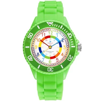 Abbildung von Alienwork Kids Lernuhr Kinderuhr Jungen Mädchen Grün Silikon Armband Mehrfarbig Kinder Uhr Wasserdicht 5 ATM Zeit Lernen