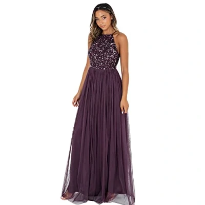 Abbildung von Maya Deluxe Women&#039;s Pailletten Cocktailkleid Damen Tüllkleid Kleid Nackenband Abendkleid Elegant für Hochzeit Brautjungfernkleid Bridesmaid Dress, Berry, EU 50(UK 22)