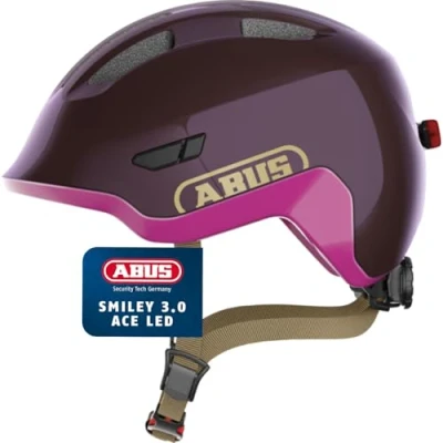 Abbildung von ABUS Kinderhelm Smiley 3.0 ACE LED Fahrradhelm mit Licht tiefe Passform &amp; Platz für einen Zopf Mädchen und Jungs Violett Glänzend, Größe S