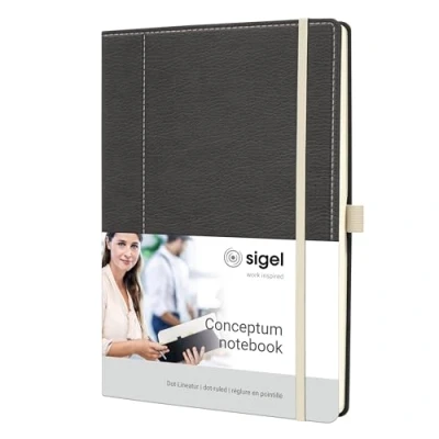 Abbildung von SIGEL CO696 Premium Notizbuch, Leder Look, dotted, ca. A4, grau, weiß, Hardcover, 194 Seiten, aus nachhaltigem Papier, Conceptum mit Seitenzahlen, Inhaltsverzeichnis, Stiftschlaufe, Falttasche