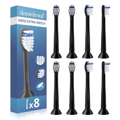 Abbildung von 8er demirdental Mini extra Soft Aufsätze passend für Philips Sonicare Ersatzbürsten, weiche und kleine Bürstenköpfe sehr empfindliche Zähne, Schwarz, entspricht HX6088eb