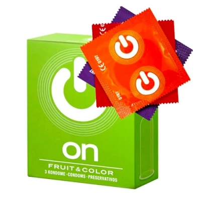 Abbildung von ON) Kondome Mix I 3 Stück Packung Fruit &amp; Colour Premium verschiedene Sorten mit Silikon Gleitgel dünne 0,07 mm Wandstärke vegan Condoms for men