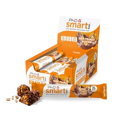 Abbildung von PhD Nutrition Smart Bar Protein Riegel 12 x 64g Schokolade Erdnussbutter High Snack mit 20g Eiweiß und wenig Zucker, Makrofreundlicher Eiweißriegel