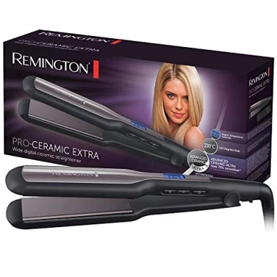 Abbildung von Remington Glätteisen breit Pro Ceramic Extra (extra breite 45mm Stylingplatten speziell für dickes, krauses, lockiges und sehr langes Haar) LCD Display, 150 230C, Haarglätter S5525
