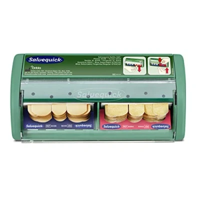 Abbildung von Salvequick® Spender für Klebebänder, die Pflaster vor Staub, Schmutz und Feuchtigkeit schützen Enthält Textilklebeputz x 40 + Kunststoffputzbandagen 45