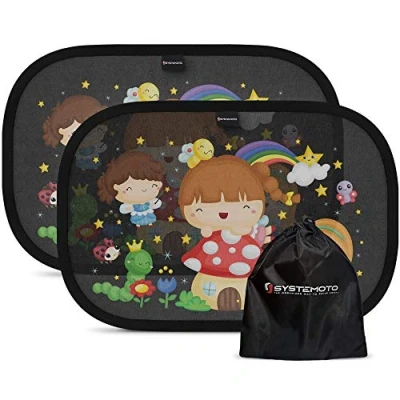 Abbildung von Systemoto Sonnenschutz Auto Baby mit Zertifiziertem UV Schutz (2er Set) Selbsthaftende Sonnenblenden für Kinder süßen Tier Motiven (Märchen)