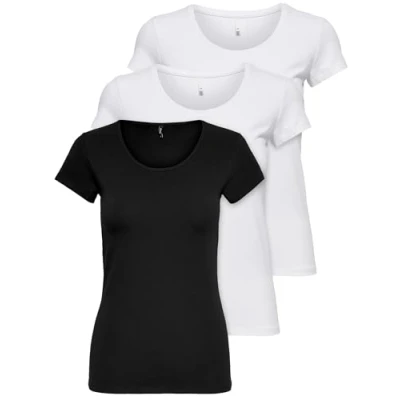 Abbildung von ONLY 3er Pack Damen T Shirt schwarz oder weiß Kurzarm lang Basic Sommer Shirts XS S M L XL 15209153