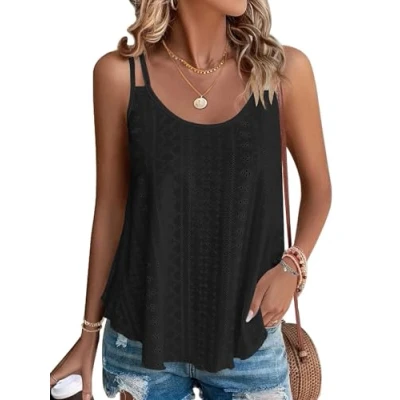 Abbildung von WNEEDU Damen Tank Tops Sommer Spaghetti Cami Oberteile Ärmellose Rundhalsausschnitt Blusen Top Shirts Schwarz M