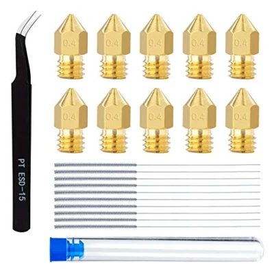 Abbildung von 3D Drucker Düsen MK8 Extruder Düse 0.4 mm M6 Messing Nozzle Set mit Reinigungsnadel und Pinzette für Makerbot Creality CR 10 Ender 3 5 usw 22 Stück