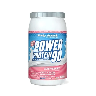 Abbildung von Body Attack POWER Protein 90 Raspberry Cream 1kg Dose Mehrkomponenten Pulver, Made in Germany Mit BCAA, Vitaminen &amp; L Carnitin Shake extra cremiger Geschmack