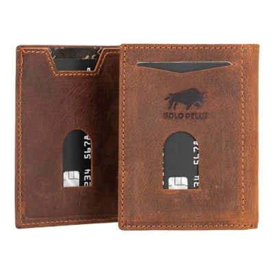 Abbildung von Solo Pelle NEU Slim Wallet mit Münzfach [12 Karten] Slimwallet Riga [RFID Schutz] Kartenetui [Leder] Smart für Männer und Damen (Vintage Braun)