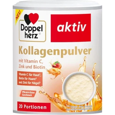 Abbildung von Doppelherz Kollagenpulver mit Vitamin C, Zink und Biotin, 5000 mg Kollagenhydrolysat je 7,5 g Pulver, 20 Portionen, Pfirsich Eistee Gechmack, 150