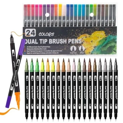 Abbildung von Surcotto Dual Brush Pen Set, 24 Farben Filzstifte, Tinte auf Wasserbasis Doppel Malstifte Für Aquarell Bullet Journal Handlettering Kalligraphie Manga, Fasermaler[1 2 mm] und Fineliner[0,4