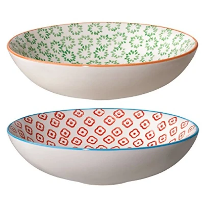 Abbildung von Bloomingville Schalen Emma Retro Suppenschale Suppenteller tiefer Teller Vintage ø 19 cm, grün rot, Keramik, 2er Set, fasst ca. 550 ml